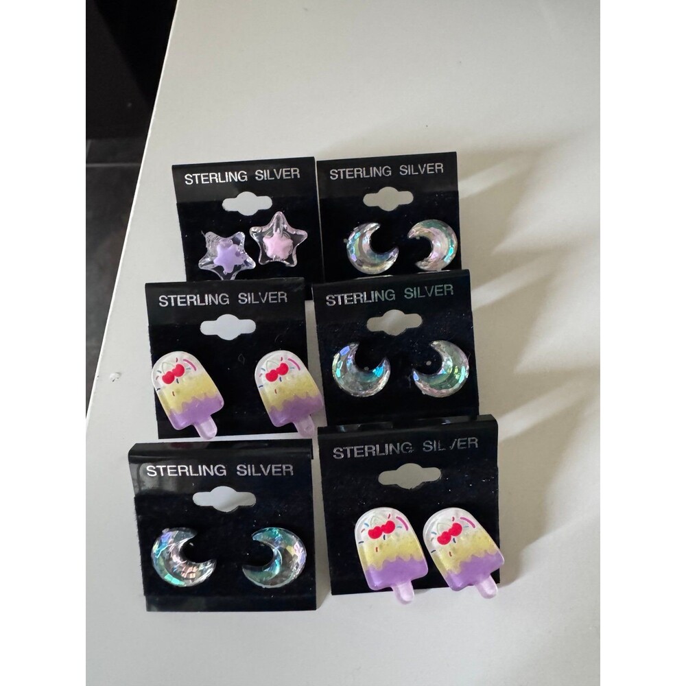 Sterling Silver 925 Cute Earrings Bundle – Moon, Popsicle & Star – 6 Pairs